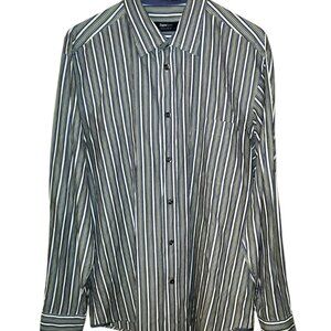 Ermenegildo Zegna Sport Shirt Mens Large Green Blue White Striped Cotton Silk